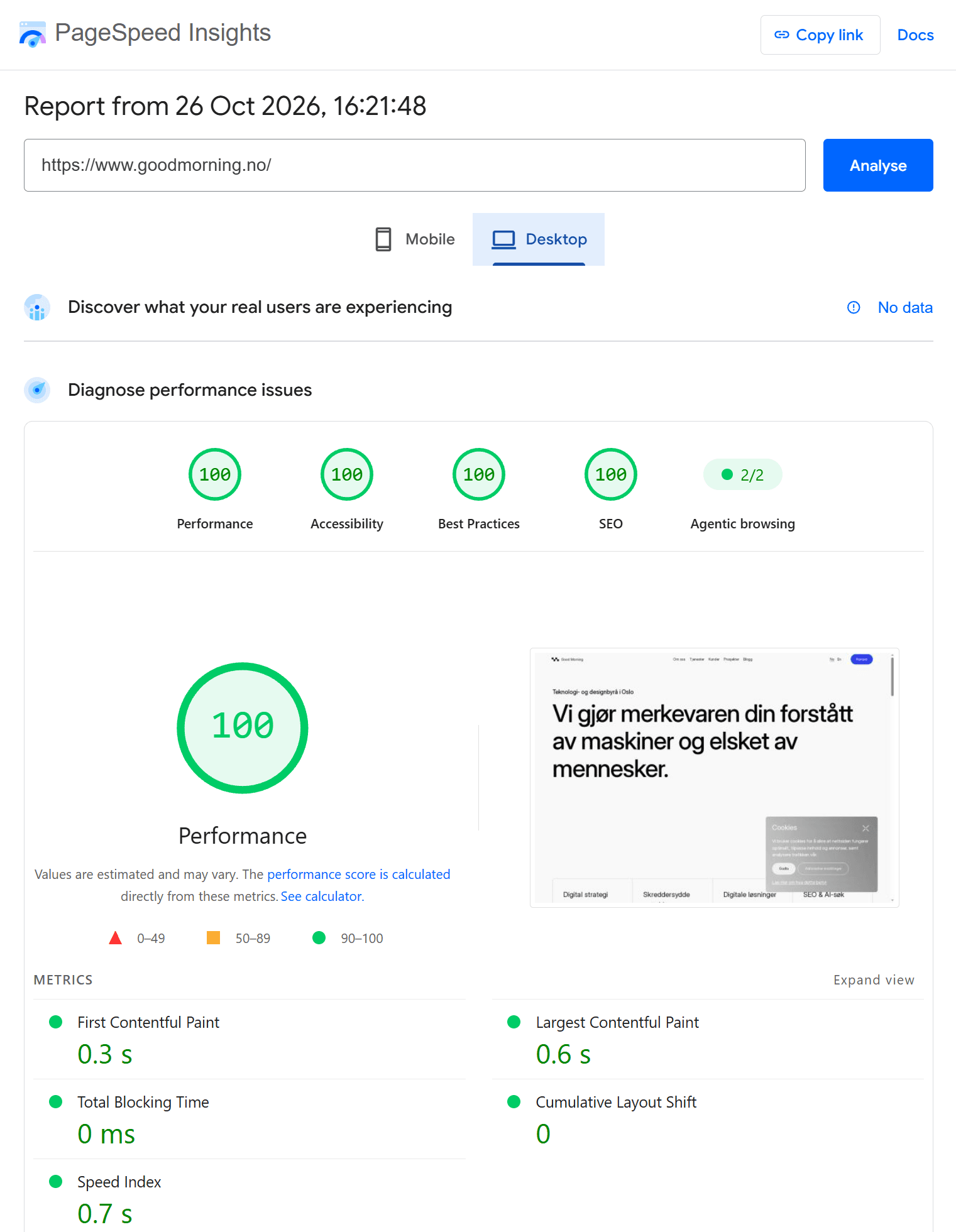 Google PageSpeed Insights report for the goodmorning.no front page on desktop: performance 100, accessibility 100, best practices 100, SEO 100